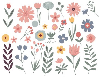 Çeşitli çiçek, tomurcuk ve yapraklardan oluşan çeşitli el yapımı çiçek kolleksiyonu pembe, mavi, sarı ve yeşildir. Resimler narin ve biçimlendirilmiş, beyaz bir arka planda sunuluyor..