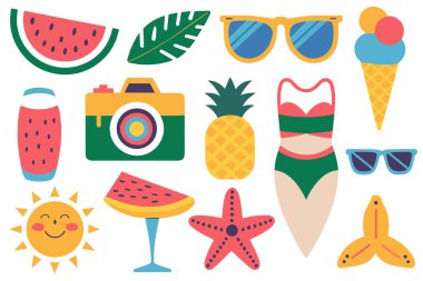 Yaz ve plaj aktiviteleriyle ilgili renkli tasarım ikonları. Özellikler arasında karpuz, ananas, dondurma külahı, bikini, güneş gözlüğü, kamera, tropikal yaprak, denizyıldızı, içecek ve gülümseyen bir güneş yer alıyor.