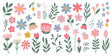 Beyaz arka planda çeşitli çiçekler, tomurcuklar ve yapraklar içeren çeşitli renkte pastel renkli çiçek elementlerinden oluşan geniş bir koleksiyon. Resimler basit, büyüleyici bir tarzda pembe, mavi, sarı ve yeşil gibi yumuşak renklerle çizilmiş..