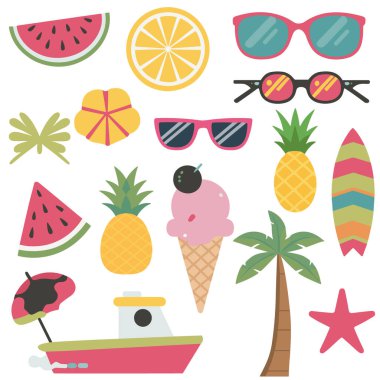 Beyaz arka planda canlı bir yaz tatili ikonu sunuluyor. Koleksiyonda bir dilim karpuz, bir dilim limon, iki çift güneş gözlüğü, ananas, bir kirazlı pembe dondurma külahı, bir palmiye ağacı, bir sörf tahtası, bir smal yer alıyor.