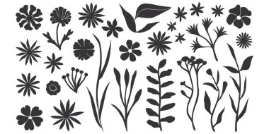 Beyaz arkaplan üzerinde siyah siluet botanik unsurlar içeren vektör dekoratif anahtar sözcükler: siluet, botanik, çiçekler, bitkiler, doğa, illüstrasyon, çizim, siyah, monokrom, grafik, tasarım, elementler, set, izole edilmiş, beyaz arka plan