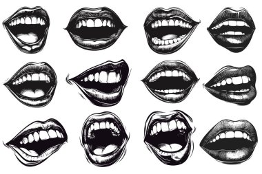 Çeşitli dudak ve ağızları farklı ifade ve açılarla tasvir eden on iki adet siyah ve beyaz çizim. Eserde yumurtadan çıkma, açık ağızlar, gülümsemeler, yakın çekimler, dişler ve dudaklar gibi ayrıntılı çizimler yer alıyor. Bunlar ön.