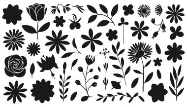 Çeşitli çiçek elementleri ve yapraklardan oluşan siyah siluet bir koleksiyon. Sette farklı çiçek türleri, güller, tomurcuklar, yapraklı dallar ve bireysel yapraklar yer almaktadır.