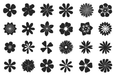 Çeşitli çiçek şekillerini temsil eden 24 siyah siluet simgesinden oluşan bir ızgara. Her çiçeğin farklı bir taç yaprağı düzeni vardır, basitten karmaşık tasarımlara kadar. Simgeler, temiz ve çok yönlü bir grafik kaynağı sunan beyaz bir arkaplanda sunuluyor.