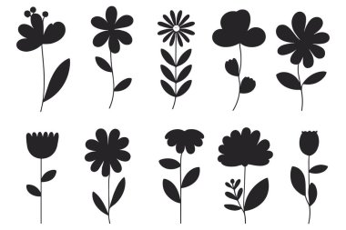 Beyaz bir arka planda sunulan, saplı ve yapraklı on adet siyah siluet desenli çiçek koleksiyonu. Çiçekler şekil ve boyut olarak farklılık göstererek, basit, grafik hatları içerir. Yazdırma ve rakam için uygun ölçeklenebilir vektör biçimi