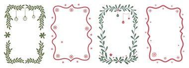 Noel için dört dekoratif çerçeve ve element koleksiyonu. İki çerçeve, biri asılı süs eşyası, diğeri ise yıldız ve böğürtlen olmak üzere yeşil yaprak ve dallardan oluşmaktadır. Diğer iki çerçeve, kar uçaksavarlarıyla süslenmiş kırmızı dalgalı kenarlar.