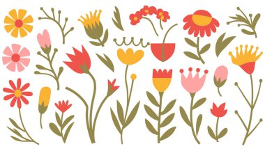 Çeşitli çiçek ve kırmızı, sarı ve pembe yapraklardan oluşan bir desenli çiçek koleksiyonu. Elementler beyaz bir arkaplanda, gövde ve tomurcuklarla dağılmış durumda. Genel estetik basit ve amigo işi.