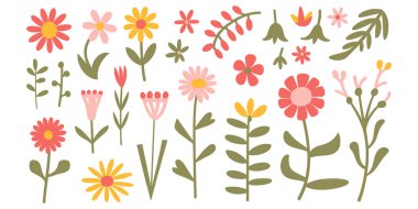 Beyaz arka planda çeşitli renkli çiçek ve bitkilerin yer aldığı el çizimi bir koleksiyon. Elementler arasında kırmızı, pembe ve sarı, yeşil saplı ve yapraklı farklı çiçek şekilleri ve boyutları basit bir c şeklinde sunulmaktadır.