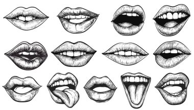 Birçok ifade ve eyalette insan dudaklarının on iki elle çizilmiş çizimi. Tarz, ince çizgileri olan ve gölgelemek için kuluçkadan çıkan klasik mürekkep çizimlerini anımsatıyor. Bazı dudaklar kapalı ve gülümsüyor, diğerleri ise soluk soluğa ya da açık.