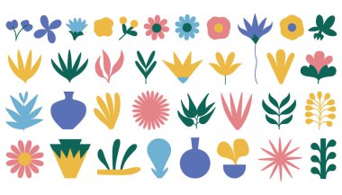 Parlak, çeşitli renk paletinde soyut çiçek ve vazo resimlerinden oluşan neşeli bir koleksiyon. Elementler arasında mavi, sarı, pembe, yeşil ve mor gibi farklı şekil ve renklere sahip şekillendirilmiş çiçekler, yapraklar ve vazolar bulunmaktadır.