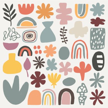 Soyut şekillerden ve stilize botanik çizimlerden oluşan canlı bir koleksiyon. Elementler arasında organik kabarcıklar, yapraklar, çiçekler, vazolar, gökkuşakları, bir güneş, bulutlar ve çeşitli ve renkli bir palette yapılmış geometrik desenler yer alıyor. Bu grafikler