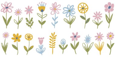 Pastel renklerde el yapımı çiçek ve yaprak koleksiyonu. Resimler basit ve kaprisli, çeşitli çiçek şekilleri ve yapraklı kökleri var. Renk paleti yumuşak pembeler, sarılar, maviler ve yeşillikler içerir.