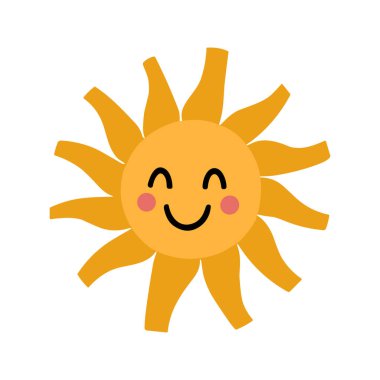 Gülümseyen bir güneşin tek, şirin, boho tarzı bir çizimi. Güneş yuvarlak turuncu bir yüzle tasvir edilir, siyah kıvrımlı bir gülümseme, kapalı gözler ve pembe yanaklar. Dışa doğru yayılan sekiz sivri vatozu var. Resimler beyaz bir sırt deliğinde izole edilmiş.