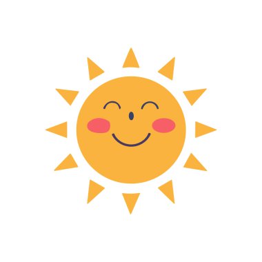 Mutlu, gülümseyen bir yüzü olan sarı bir güneşin basit ve neşeli bir çizimi. Güneş sivri ışınlar ve pembe kırmızı yanaklar, sıcaklık ve neşe veriyor. Beyaz bir arka planda izole edilmiştir..