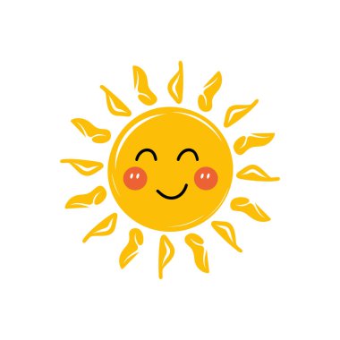 Beyaz arka planda gülümseyen bir güneşin neşeli ve basit bir gösterimi. Güneş turuncu ışınlarla sarıdır ve mutlu bir yüze, kapalı gözlere ve pembe kırmızı yanaklara sahiptir. Tarzı düz ve çizgi film gibi, çocuk temaları için uygun..