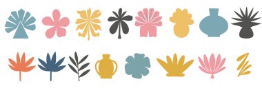 Aslen çiçek ve yaprak gibi biçimlendirilmiş botanik elementlerin yanı sıra birkaç vazo biçiminin yer aldığı soyut şekillerin minimalist bir koleksiyonu. Şekiller düz, siluet biçiminde ve sınırlı bir renk paleti ile siyah, tozlu 