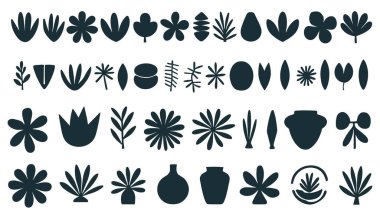 Yaprak ve çiçek gibi çeşitli botanik şekillerin yanı sıra stilize vazo formları ve soyut organik damlaların yer aldığı koyu mavi bir siluet koleksiyonu. Bu temiz, grafik elementler beyaz arkaplana karşı sırayla sunulur, d için uygundur