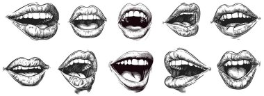 Çeşitli açık ve kapalı pozisyonlarda on adet el çizimi dudak ve ağız örneği. Tarzı, yumurtadan çıkan, siyah ve beyaza boyanmış detaylı bir taslak. Görüntüler, güzelliğe uygun farklı ifadeler ve açılar yakalar.,