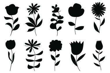 Çeşitli çiçek şekillerinin siyah siluet çizimlerinin bir koleksiyonu. Her çiçek bir yaprak ve gövde ile tasvir edilir, farklı taç yaprakları ve şekiller sergilenir. Tasarımlar basit ve stilize edilmiş olandan daha detaylı olanlara kadar değişir.