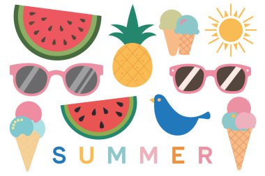 Yazı temsil eden renkli düz dizayn simgeleri koleksiyonu. Anlaşmada karpuz dilimleri, bir ananas, dondurma külahları, güneş gözlükleri, parlak sarı bir güneş ve mavi bir kuş yer alıyor. 