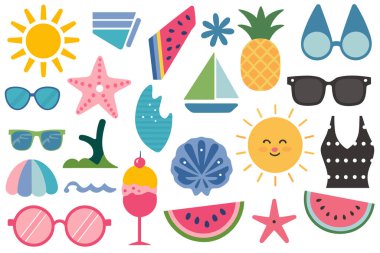 Düz tasarım simgelerinden oluşan canlı bir koleksiyon yaz tatili elementlerini temsil ediyor. Görüntüde gülümseyen bir güneş, çeşitli güneş gözlükleri, bir ananas, karpuz dilimleri, denizyıldızı, deniz kabukları, bir yelkenli, bir dondurma külahı, bir sundae, bir bikini, bir şemsiye yer alıyor.