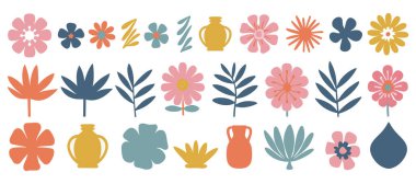 Şekillendirilmiş çiçekler, yapraklar ve vazolardan oluşan canlı bir koleksiyon. Pembe, mavi, turuncu, sarı ve terracotta içeren düz, grafik bir renkle renklendirilir. Üç R 'de ayarlandı.