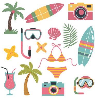 Sahil tatili malzemelerini tasvir eden bir dizi renkli çizimler. Özellikler; sörf tahtaları, palmiye ağaçları, bikini, kokteyller, denizyıldızı, deniz kabuğu, şnorkel maskesi, gözlükler ve kameralar, beyaz arka plana saçılmış..