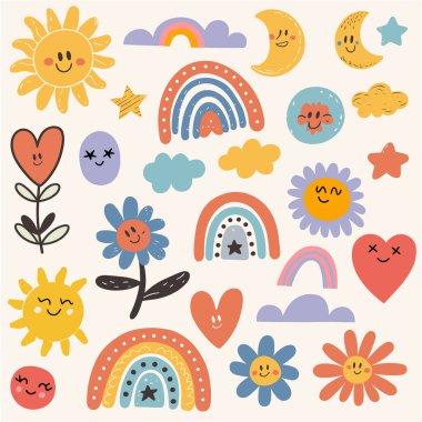 Gülen güneşler, hilal ayları, renkli gökkuşakları, kabarık bulutlar, yıldızlar, kalpler ve yüzleri olan çiçekler gibi çeşitli elementlerin yer aldığı tuhaf, geçmişe dönük çizimler. Sanat eserlerinin özgün çizimleri ve titreşimleri olan el yapımı bir hissi var.