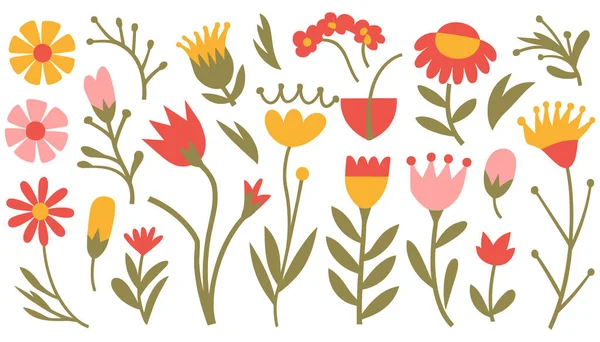 Çeşitli çiçek ve kırmızı, sarı ve pembe yapraklardan oluşan bir desenli çiçek koleksiyonu. Elementler beyaz bir arkaplanda, gövde ve tomurcuklarla dağılmış durumda. Genel estetik basit ve amigo işi.