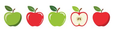 Beyaz arka planda beş adet stilize elma koleksiyonu sergilenmektedir. Üç tam elma gösteriliyor, ikisi kırmızı ve biri yeşil. Bir kırmızı elma ikiye bölünür, tohumları ve çekirdeği ortaya çıkar. Başka bir yeşil elma bu düzenlemeyi tamamlar..
