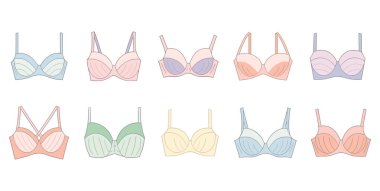 Farklı renkte on sütyenin bir çeşidi temiz beyaz arka planda sunulmaktadır. Her sütyen pembe, mavi, mor, şeftali, sarı ve nane yeşili yumuşak tonlarda yapılmış kayışlar ve fincanlarla farklı bir tasarıma sahiptir. Koleksiyonlar