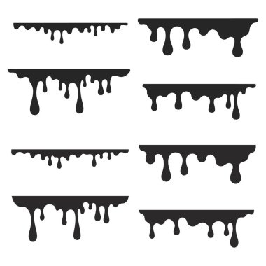 Damlayan sıvıyı gösteren sekiz siyah siluetten oluşan bir koleksiyon. Siyah sıvı kenarlar boya balçığı oluşturur..