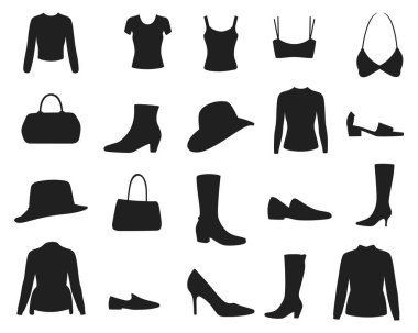 Giysi ve Aksesuar Siluetleri Siyah Moda Vektörü Resmini Ayarla