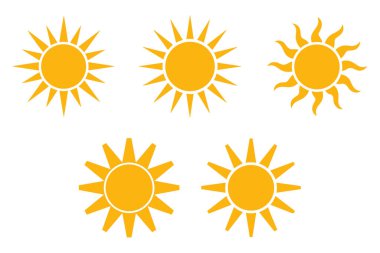 Beyaz zemin üzerinde sunulan beş farklı sarı güneş ikonundan oluşan bir koleksiyon. Beş Sarı Güneş Simgesi Koleksiyonu Hava Durumu Yazı