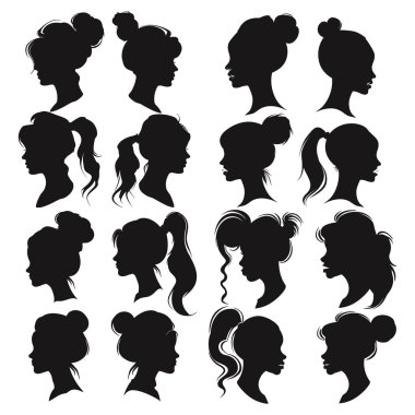 Kadın Baş Siluetleri Koleksiyonu Siyah Vektör İllüstrasyonu