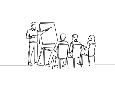 Bir iş toplantısını tasvir eden minimalist tek bir çizgi. Flip Grafik eğitimi ile İş Toplantısı Sunumu.