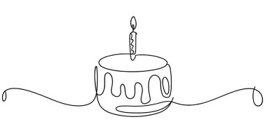 Doğum günü pastası ve tek bir mum aralıksız çizgi çizimi içeren vektör tasarımı. Çeşitli uygulamalar için uygun ölçeklenebilir tasarım. Yazdırma ve dijital ortam için uygun ölçeklenebilir vektör biçimi. Tek Mum Devamlı Çizgili Doğum Günü Pastası