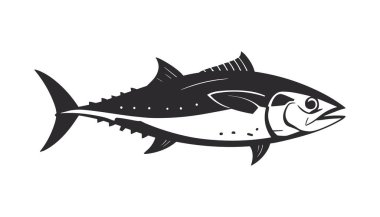 Sağa doğru yüzen bir ton balığının çarpıcı siyah beyaz çizimi. Bir ton balığı siluetinin siyah ve beyaz çizimi