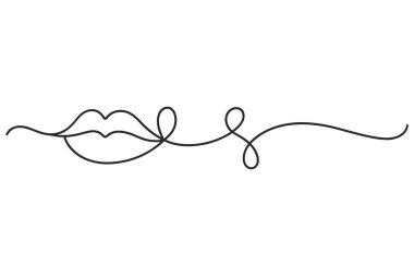 Tek bir siyah çizgi çizimi, iki taraftan da uzanan akıcı ve soyut bir çizgiyle bir çift kapalı dudak tasvir eder. Dudak çizimi ve aralıksız sanat dudakları öpücüğü.