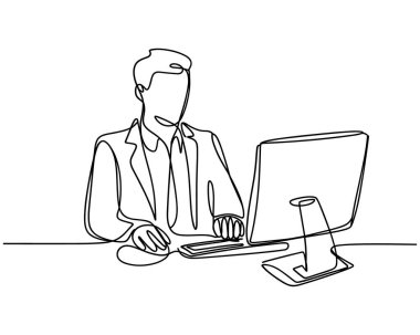 Vektör fare, bilgisayarda sürekli çizim tarzında çalışan bir adam sunar. Devamlı çizgi çizim tarzında bilgisayarda çalışan adam