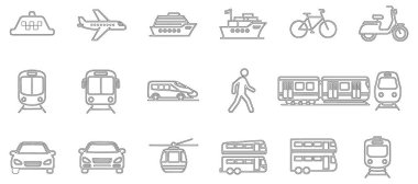 Değişik ulaşım şekillerini temsil eden 15 ana hatlı simge şebekesi, hepsi de beyaz arka planda siyah çizgili sanat eserleri. İkonlar arasında bir taksi, uçak, yolcu gemisi, kargo gemisi, bisiklet, scooter, metro, hızlı tren, yaya, araba, helikopter yer alıyor.