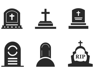 A set of six black silhouette icons depicting various gravestones and tombstone designs. The icons include traditional headstones with crosses, a tombstone with 