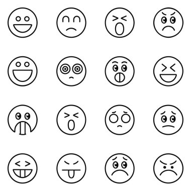 16 basit taslak simgeden oluşan bir ızgara çeşitli ifade ifadelerini temsil eder. Her daire farklı yüz ifadelerini tasvir eden siyah çizgiler içeriyor, neşe dolu kahkahalar ve şaşkın şaşkınlıktan öfke, üzüntü ve aptallığa kadar. Simgeler... 