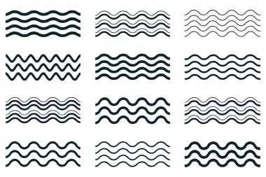 Beyaz arkaplan üzerinde on iki dalgalı satır örüntüsü içeren vektör hareketi: dalga, dalgalı, çizgi, şablon, arkaplan, dipsiz, su, okyanus, soyut, tasarım, grafik, element, basit, modern, temiz, set, toplama, dalgalanma, eğri, akış