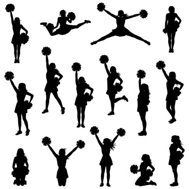 Çeşitli dinamik pozlardaki amigo kızların siyah siluetleri. Şekiller, zıplayan, zıplayan, ayakta duran ve diz çöken, hepsinin ponpon tuttuğu tasvir ediliyor. Ponpon kızlar etekler de dahil olmak üzere atletik giysiler içinde gösteriliyor. Koleksiyon halkla ilişkiler.