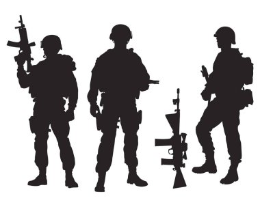 Beyaz bir arkaplanda duran üç askerin siyah silueti. Her asker bir tüfekle donatılmıştır ve taktiksel bir duruş içindedir. Rakamlar miğferleri, üniformaları ve silahları gösterecek kadar detaylı..