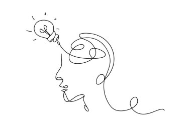 Minimalist, tek çizgili bir çizim, içinden parlayan bir ampul çıkan bir insan kafasının profilini çizer. Devamlı siyah çizgi yüzün ana hatlarını ve ampulün karmaşık tasarımını oluşturur, bir fikri ya da esin kaynağını sembolize eder. Th