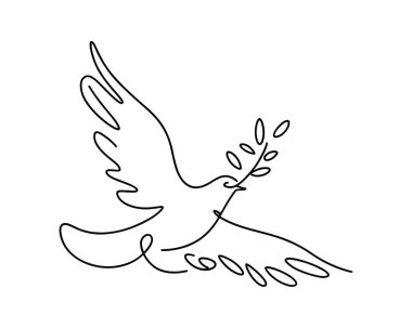 Uçarken çizilen minimalist tek çizgi, gagasında bir zeytin yaprağı filizi tutan güvercini tasvir eder..