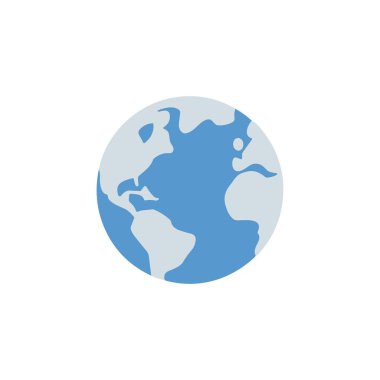 Dünyanın stilize edilmiş bir ikonu, okyanuslar için mavinin tonlarında ve kıtalar için açık gri renkte, beyaz bir arkaplana karşı. Temsil, kıtaların tanınabilir şekillerine odaklanarak basitleştirilmiş ve grafikselleştirilmiştir..