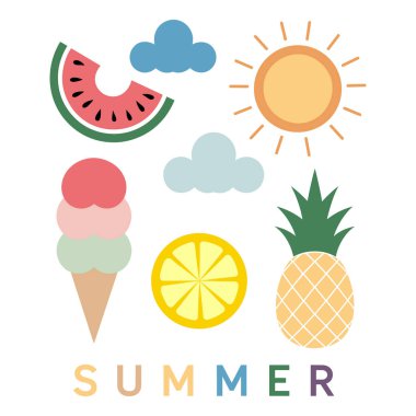 Beyaz arka planda düz dizayn edilmiş yaz simgeleri koleksiyonu. İkonlar arasında bir dilim karpuz, üç top dondurma, dilimlenmiş bir limon, bir ananas, ışıltılı parlak sarı bir güneş ve iki tüylü bulut yer alıyor..